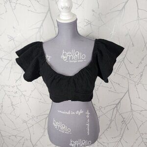 Ces Femme Black Gauze Cotton Scoop Neck Crop Top